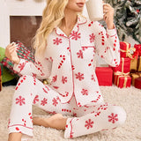 Women's Christmas Pajama Set with Button Front Long Sleeve Top and Matching Pants Snowflake and Candy Cane Print