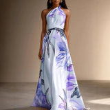 Halter Neck Floral Maxi Dress with Ruched Waist