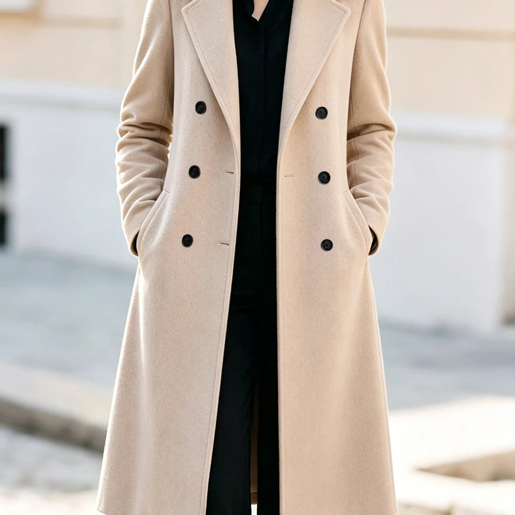Women's Coat with Structured Knee Length Silhouette and Double Breasted Design for Office Wear