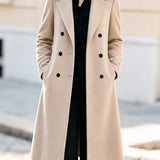 Women's Coat with Structured Knee Length Silhouette and Double Breasted Design for Office Wear