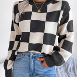 Checkered Knit Sweater with Crew Neck and Long Sleeves