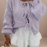 Tie-Front Knit Cardigan with Balloon Sleeves and Ribbed Cuff