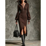 Women's Long Sleeve Midi Dress with V Neck Bishop Sleeves and Fitted Waist