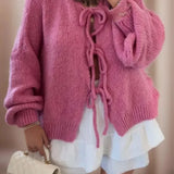 Tie-Front Knit Cardigan with Balloon Sleeves and Ribbed Cuff