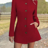 Fitted Stand Collar Coat with Button Front and Side Pockets