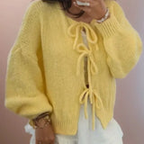 Tie-Front Knit Cardigan with Balloon Sleeves and Ribbed Cuff