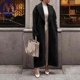 Long Wool Coat with Open Front and Lapel Collar