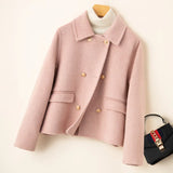 Cropped Double-Breasted Wool Coat with Flap Pockets