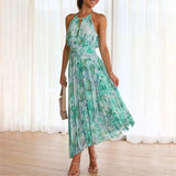 Halter Floral Pleated Maxi Dress with Ruched Waist