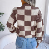 Checkered Knit Sweater with Crew Neck and Long Sleeves