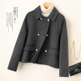 Cropped Double-Breasted Wool Coat with Flap Pockets