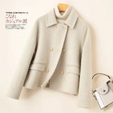 Cropped Double-Breasted Wool Coat with Flap Pockets