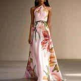 Halter Neck Floral Maxi Dress with Ruched Waist