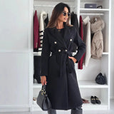 Women's Long Coat with Double Breasted Button Front and Defined Waist for Office Wear