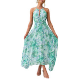Halter Floral Pleated Maxi Dress with Ruched Waist