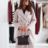 Women's Long Coat with Double Breasted Button Front and Defined Waist for Office Wear