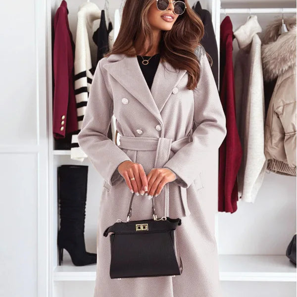 Women's Long Coat with Double Breasted Button Front and Defined Waist for Office Wear