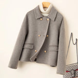 Cropped Double-Breasted Wool Coat with Flap Pockets
