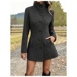 Fitted Stand Collar Coat with Button Front and Side Pockets