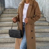 Women's Long Overcoat with Notched Lapel Double Breasted Button Front and Flap Pockets
