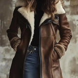 Shearling Leather Coat with Fur Collar and Zip Front