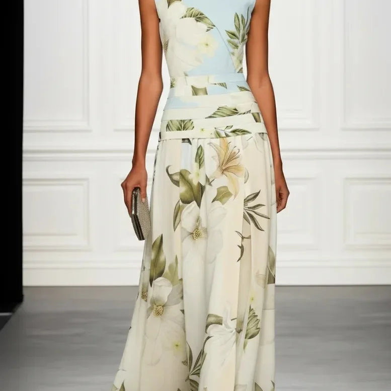 Floral A-Line Maxi Dress with Boat Neck