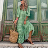 V-Neck Tiered Maxi Dress with Puff Sleeves