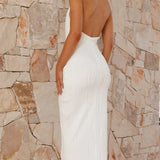 Halter Pleated Midi Dress with Front Slit