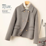Cropped Double-Breasted Wool Coat with Flap Pockets