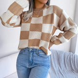 Checkered Knit Sweater with Crew Neck and Long Sleeves