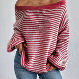 Oversized Off-Shoulder Striped Sweater with Long Sleeves