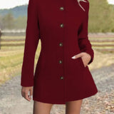 Fitted Stand Collar Coat with Button Front and Side Pockets