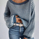 Oversized Off-Shoulder Striped Sweater with Long Sleeves