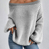 Oversized Off-Shoulder Striped Sweater with Long Sleeves