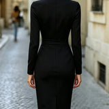 Women's Formal Midi Dress with Asymmetric High Neck and Tailored Waist