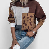 Color block Leopard Print Knit Sweater with Crew Neck
