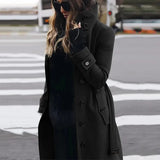 Long Womens Coat with Double Breasted Button Front and High Collar for Office Wear