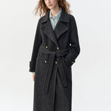 Women's Coat with Double Breasted Front and Tie Waist Belt for Office Wear