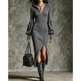 Women's Long Sleeve Midi Dress with V Neck Bishop Sleeves and Fitted Waist
