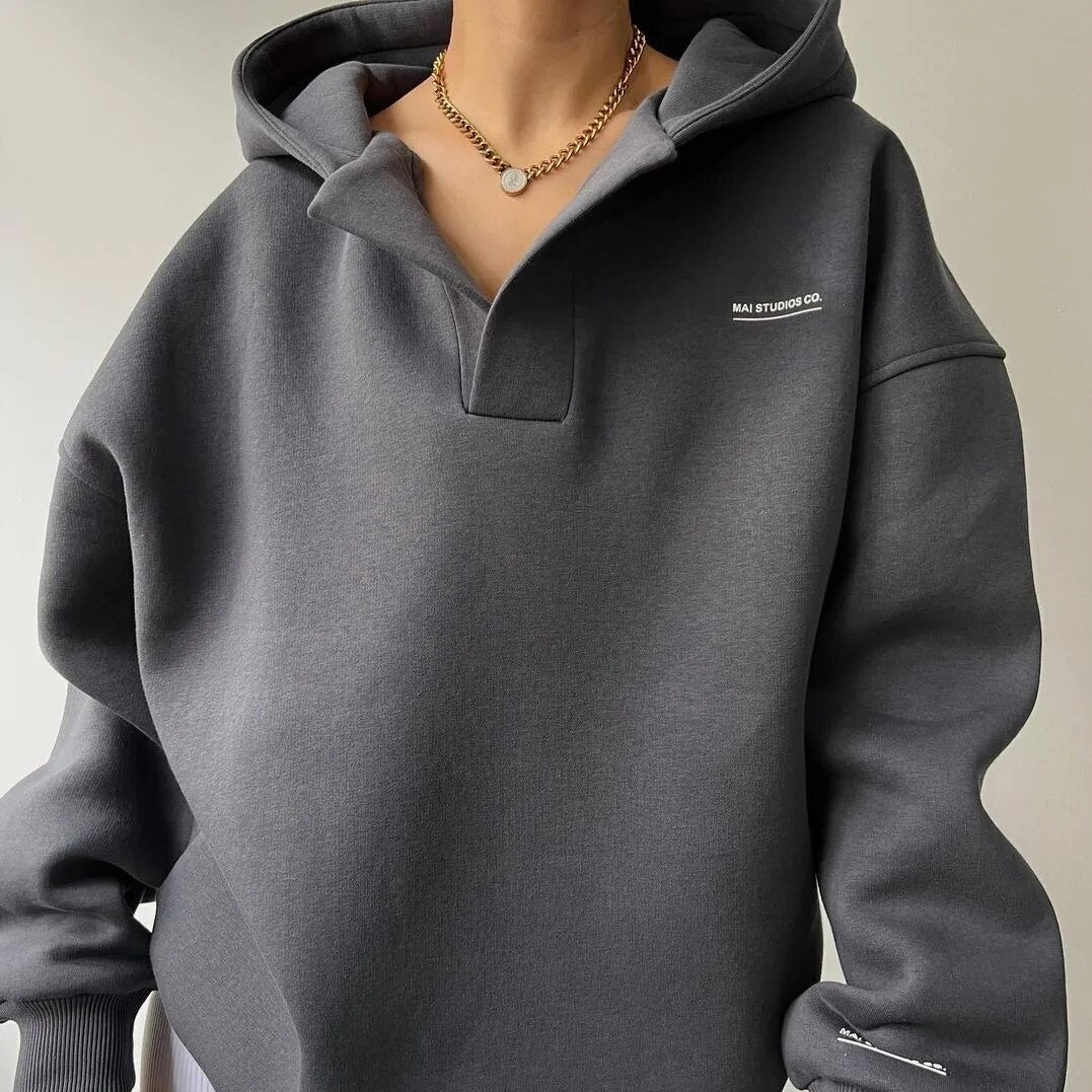 Oversized Hooded Pullover with V-Neck