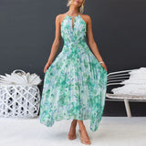 Halter Floral Pleated Maxi Dress with Ruched Waist