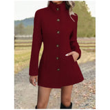 Fitted Stand Collar Coat with Button Front and Side Pockets