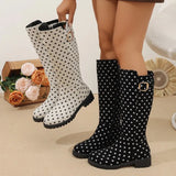 Polka Dot Boots with Buckle Strap and Block Heel