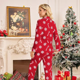 Women's Christmas Pajama Set with Button Front Long Sleeve Top and Matching Pants Snowflake and Candy Cane Print