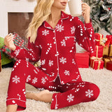 Women's Christmas Pajama Set with Button Front Long Sleeve Top and Matching Pants Snowflake and Candy Cane Print