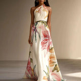 Halter Neck Floral Maxi Dress with Ruched Waist