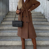 Women's Long Overcoat with Notched Lapel Double Breasted Button Front and Flap Pockets