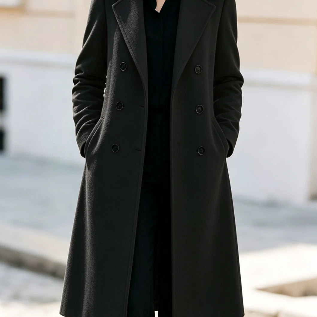 Women's Coat with Structured Knee Length Silhouette and Double Breasted Design for Office Wear