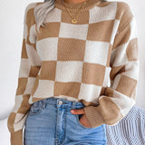 Checkered Knit Sweater with Crew Neck and Long Sleeves