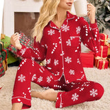 Women's Christmas Pajama Set with Button Front Long Sleeve Top and Matching Pants Snowflake and Candy Cane Print